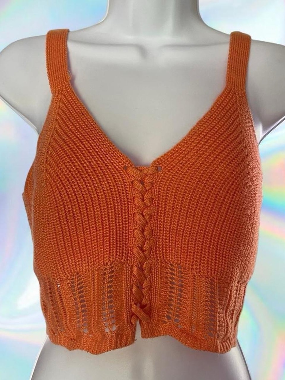 Women’s Orange Knit Braided Front Crop Tank Top